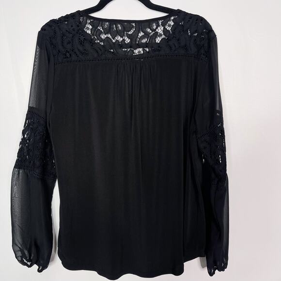 Roz & Ali Medium M Black Lace Inset Sheer Long Sleeve Blouse Top Round Neck - Picture 2 of 7